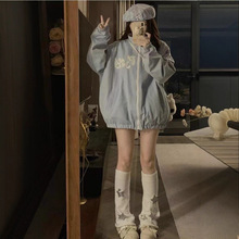 两面穿三条杠撞色立领夹克男女2024秋季宽松休闲情侣款条纹外套女