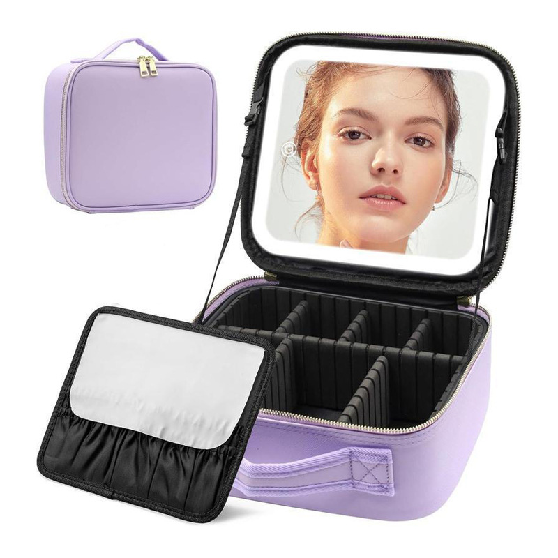 Bolsa de maquillaje de alta calidad con espejo con LED, partición desmontable, bolsa de maquillaje portátil impermeable de almacenamiento de gran capacidad