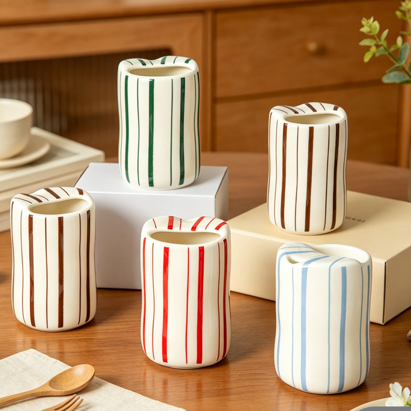 Cross-border colorful vertical striped ceramic water cup, simple and atmospheric couple's cup, Nordic style foreign trade direct-drink coffee cup