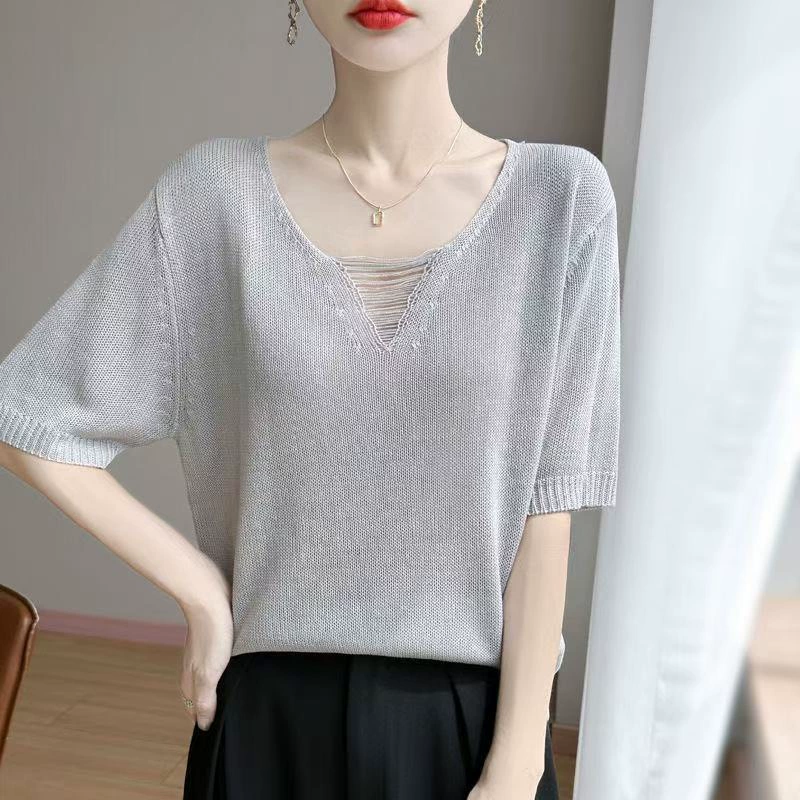 Французская ажурная ледяная шелковая трикотажная футболка с короткими рукавами женская 2025 летняя тонкая дышащая свободная тома с полурукавами футболка маленькая рубашка