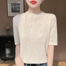 2025年春季新款精纺羊毛半高领针织衫短袖提花宽松套头打底衫上衣