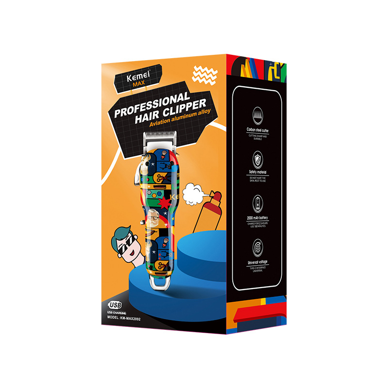 Kemei Clipper eléctrico KM-MAX2092 de alta potencia personalizada graffiti transferencia de agua de impresión USB cortapelos