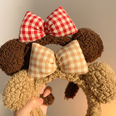 New stylish cute bow-knot teddy bear ear plush hairband for washing face and tying up hair—autumn/winter cartoon-style brown headband with hair accessories