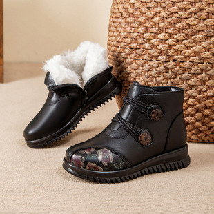 Winter Mother's Shoes Cotton Shoes Genuine Leather Wool Fleece-Lined Warm Middle-Aged and Elderly Women's Short Boots Soft Sole Non-Slip Elderly Grandma Shoes