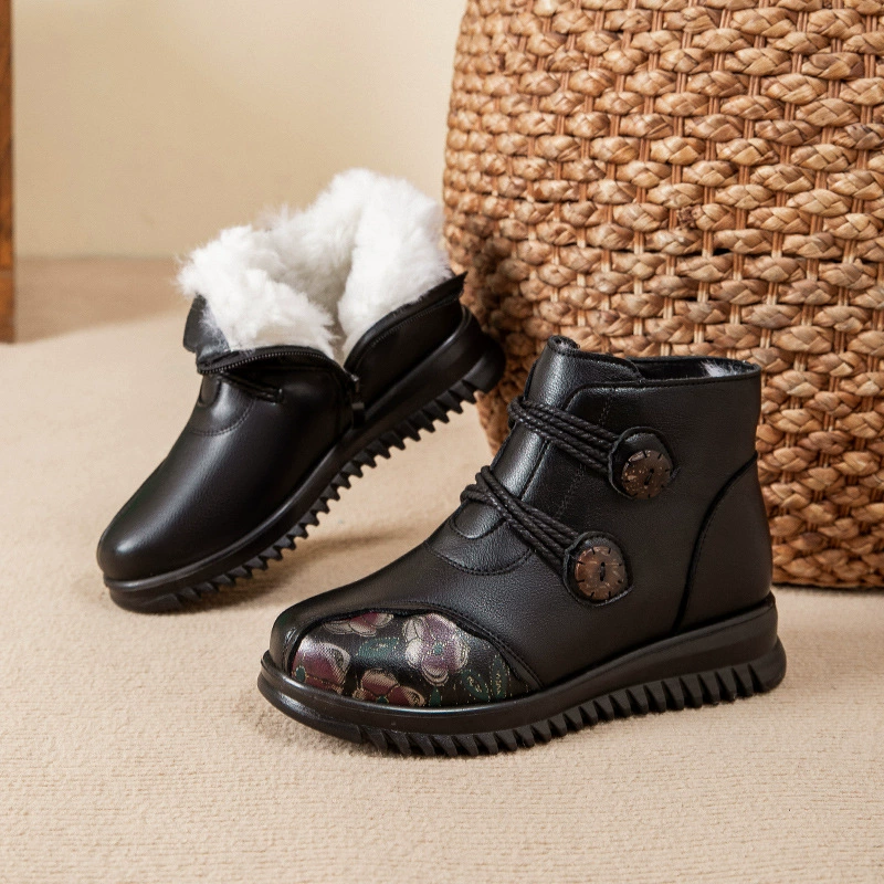 Хит продаж: зимние женские ботинки для мам, хлопковые, из натуральной кожи, на шерстяной подкладке, короткие сапоги для женщин среднего и старшего возраста, нескользящая обувь для пожилых женщин и бабушек.