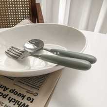 5RY陶瓷长手柄不锈钢甜品汤勺便携水果叉子学生日式餐具叉勺套装