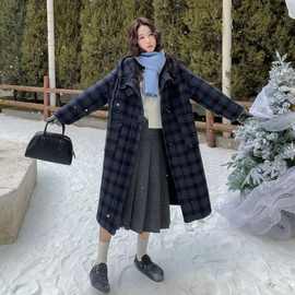 深蓝色复古格纹双面呢大衣女中长款外套//2025