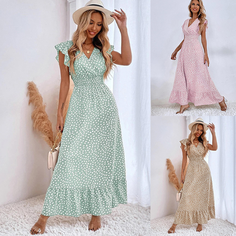 2023 Amazon Cross-Border Export European and American Spring and Summer New V Neck Waist Long Skirt Ruffled High Waist Dress for Women