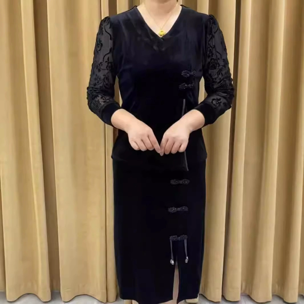 Мама среднего возраста осень новый V-образный вырез золотой бархатный костюм юбка ретро cheongsam из двух частей большой размер юбка