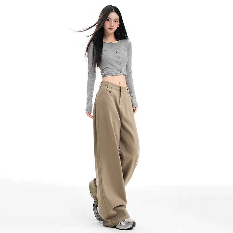 美式复古高腰宽松阔腿裤百搭卡其色直筒牛仔裤女2025秋季新款显瘦|undefined