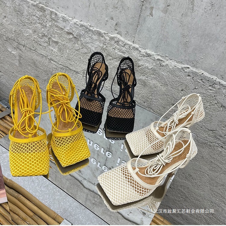 European and American Fashion Sandals with Mesh Breathable Fabric, Square Toe, Lace-Up Women's High Heels - Long-Term In-Stock Red Color