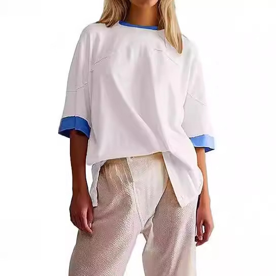 2024 Europe and the United States cross-border Amazon new rib cloth stitching pullover loose casual cotton 270g t-shirt