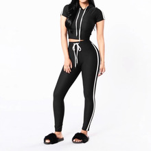 L0416   速卖通 亚马逊欧美时尚休闲夏季短袖条纹运动两件套套装