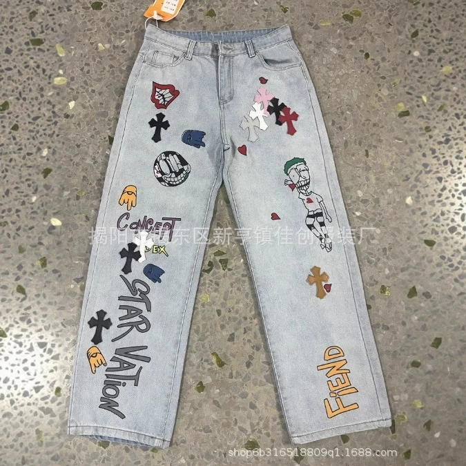 Мужские летние джинсы 2025 года, американский стиль, выстиранные, с персонализированным принтом, модный тренд, свободные, повседневные, прямые.