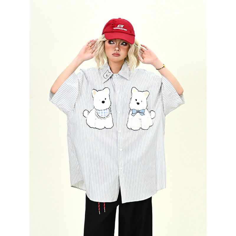 Japanese-Style College Flocked Puppy Short-Sleeve Shirt for Women 2025 New Loose Versatile Student Striped Cardigan Japanese-Style College Flocked Puppy Short-Sleeve Shirt for Women 2025 New Loose Versatile Student Striped Cardigan