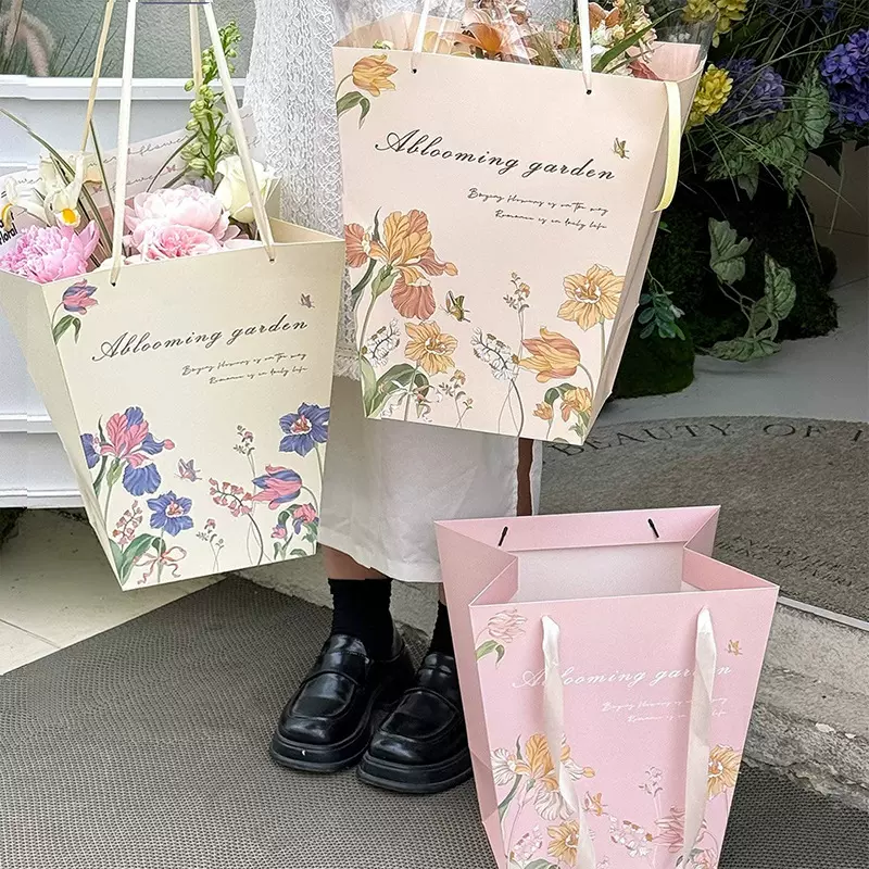 爱在花丛梯形花束袋礼盒鲜花手提袋花店花艺资材手工diy礼物纸袋