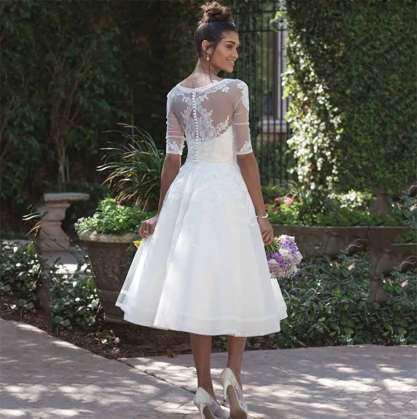 Amazon Comercio exterior nuevo transparente cuchara media manga rodilla-longitud falda de encaje barato apliques boda vestido de novia