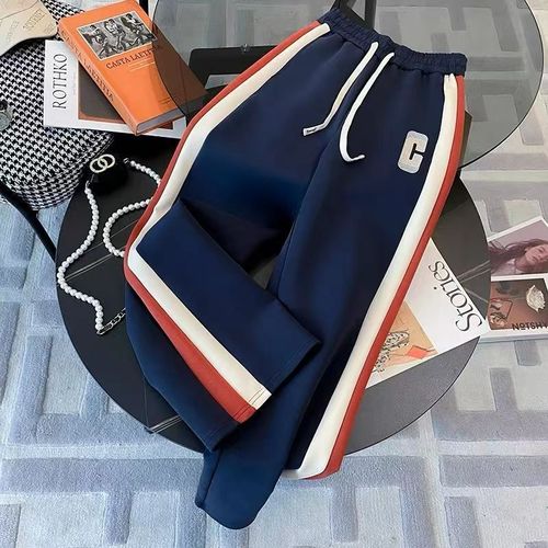 Thickened and padded fashion color matching splicing sweatshirt sport suit women's autumn and winter new style street fashion wide-leg two-piece set 