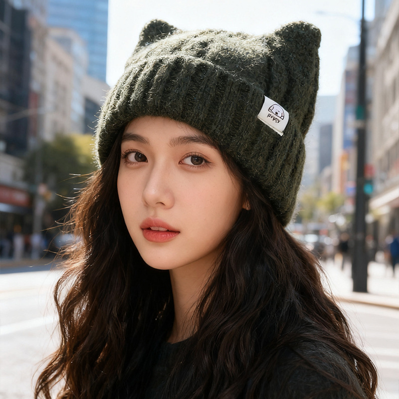韩版猫耳朵毛线帽子女冬2025新款保暖护耳针织帽显脸小可爱套头帽|undefined