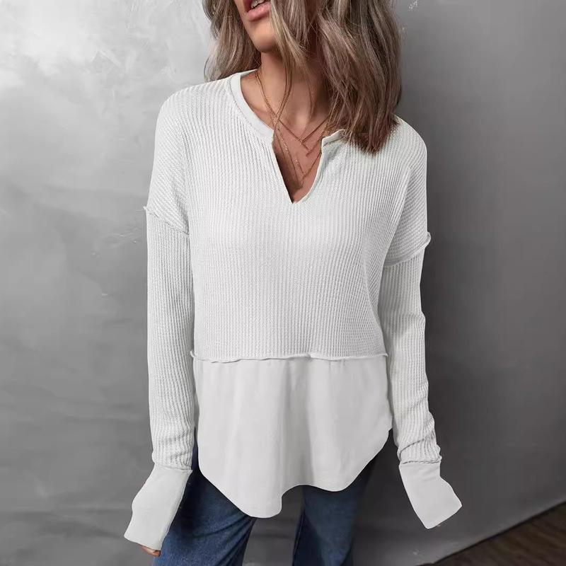 2024 Autumn New Arrival Elegant Knitted Pit V-Neck Design Stitching Long Sleeve Commuter Top Sweater 2024 Autumn New Arrival Elegant Knitted Pit V-Neck Design Stitching Long Sleeve Commuter Top Sweater