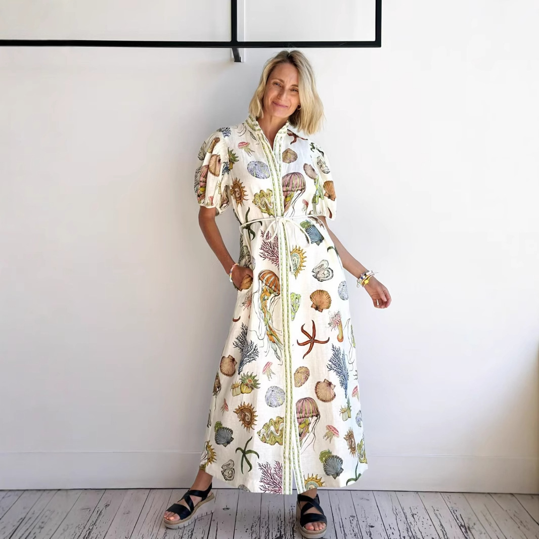 欧美跨境2025亚马逊独立站速卖通气质休闲立领开衫系带亚麻连衣裙