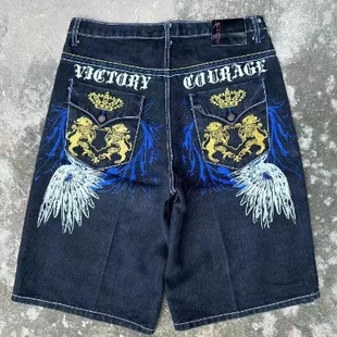 Cross-border FactorY Direct Y2K Denim Shorts High Street Hip Hop Retro StYlish Pattern Versatile Loose Shorts