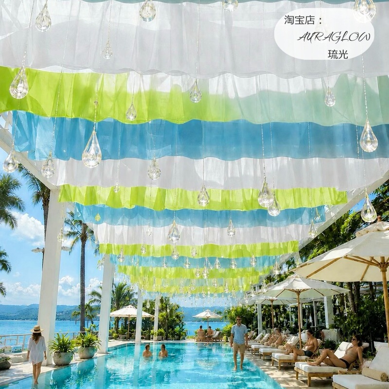 Resort Hotel Swimming Pool Renovation with Trendy Gradient Wave Canopy, Outdoor Sunshade, Artistic Fabric Drape for Scenic Areas