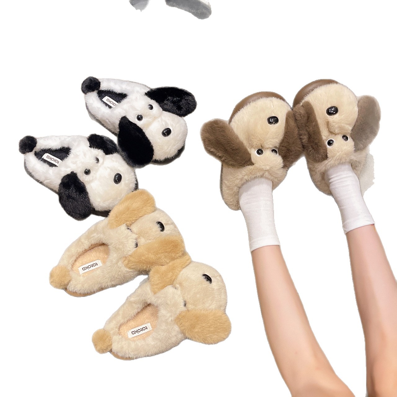2025 zapatillas de algodón de cachorro de invierno para mujeres cálidas en el hogar interior adorables gruesas exteriores de lana para perros de orejas grandes