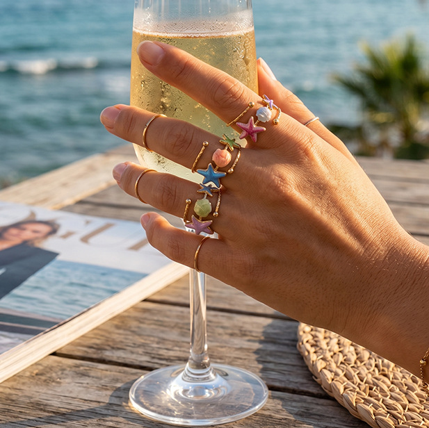 Tina Europa y los Estados Unidos color transfronterizo goteo estrella de mar anillo de nicho de diseño de vacaciones marinas joyas al por mayor mujeres
