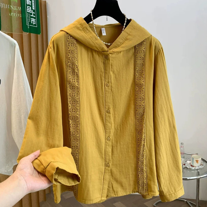 Double-layer cotton gauze lace pure cotton hooded single-breasted long-sleeve thin jacket women's loose plus-size shirt Double-layer cotton gauze lace pure cotton hooded single-breasted long-sleeve thin jacket women's loose plus-size shirt