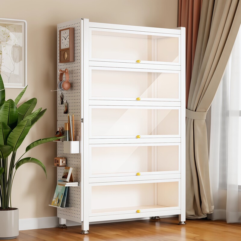 Steel Bookshelf with Doors, Dust-Proof Glass Display Cabinet, Transparent Display Cabinet, Floor-Standing Storage Cabinet, Metal Cabinet