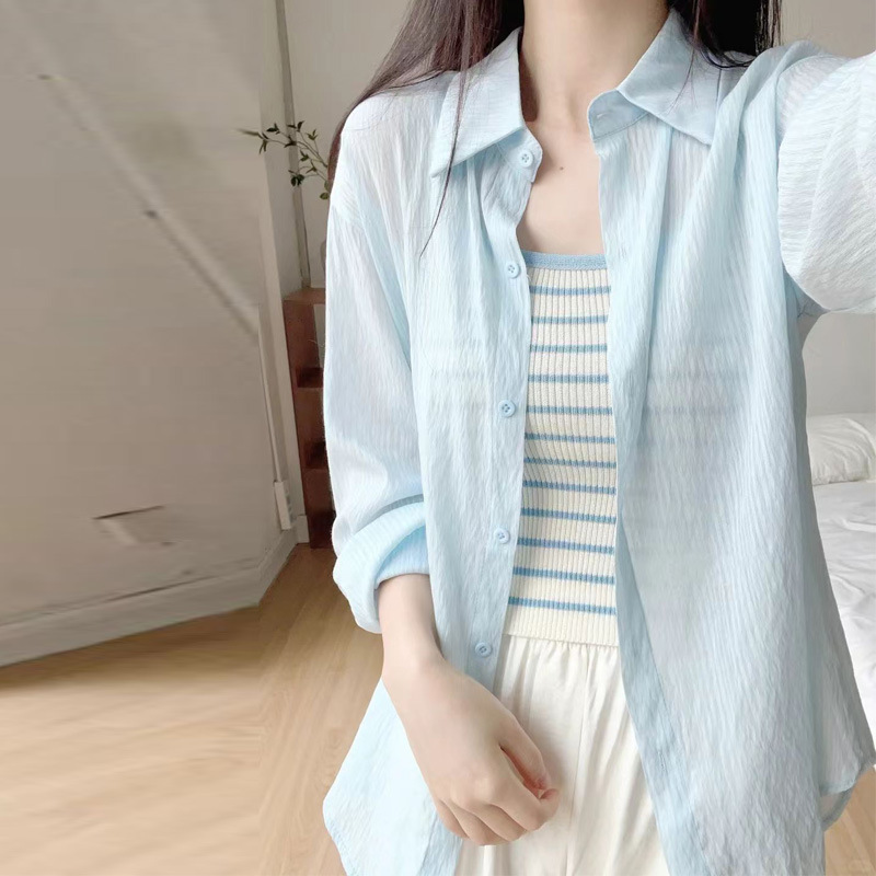 Solid Color Tencel Shirt Women's Thin Shirt Korean-style High-end Loose Shirt Sunscreen Cardigan Air-conditioning Mid-length Shirt