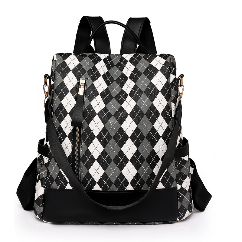 2023 nueva mochila antirrobo de cuero suave para mujer de color en contraste, mochila de viaje ligera al aire libre de gran capacidad a cuadros de moda