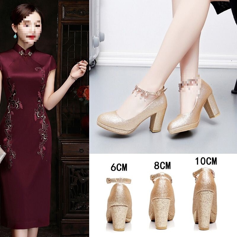 Catwalk High-Heeled Shoes for Women, Waterproof Platform Shoes for Performances, Shoes to Match Cheongsam, Gold Chunky Heels, Thick-Soled Runway Cheongsam Model Shoes