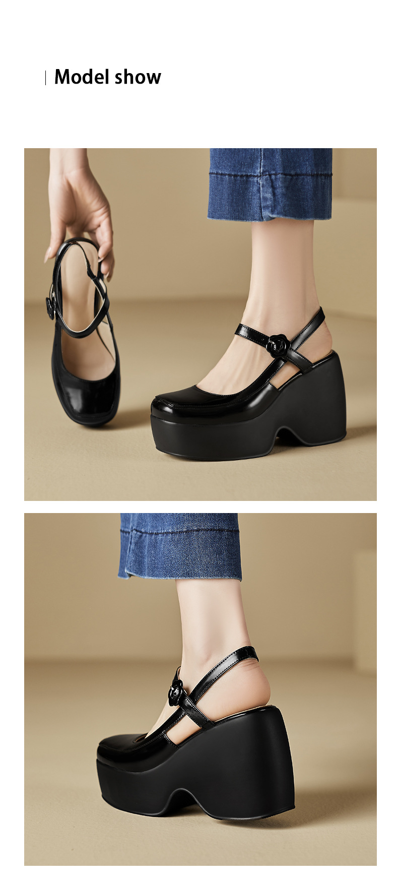 Sandal Mary Jane đế xuồng da thật bít mũi gót cao 9 cm cho nữ — Màu đen, Màu trắng be chi tiết 6