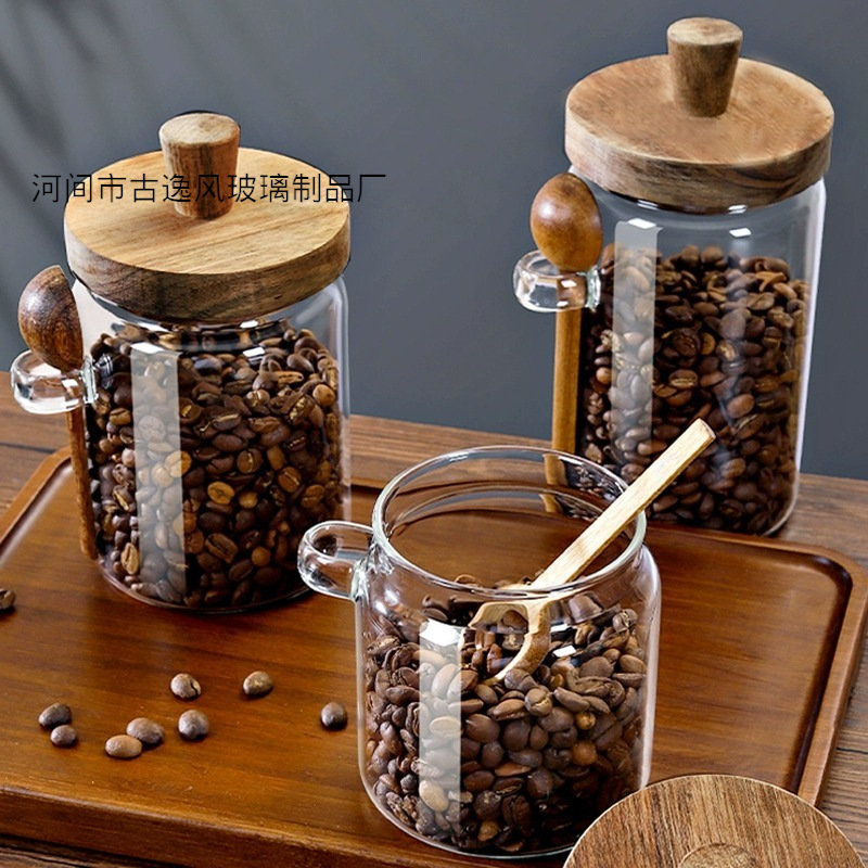 Lata de almacenamiento de granos de café con cuchara Lata sellada de vidrio Lata de almacenamiento de granos de café doméstico Lata de almacenamiento de granos de almacenamiento Lata de té