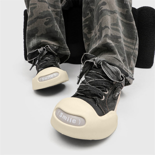 Niche Design Open-mouth Smile Canvas Shoes for Men and Women Thick-soled Denim Big-toe Shoes Couple Shoes Ugly Cute Height-increasing Board Shoes