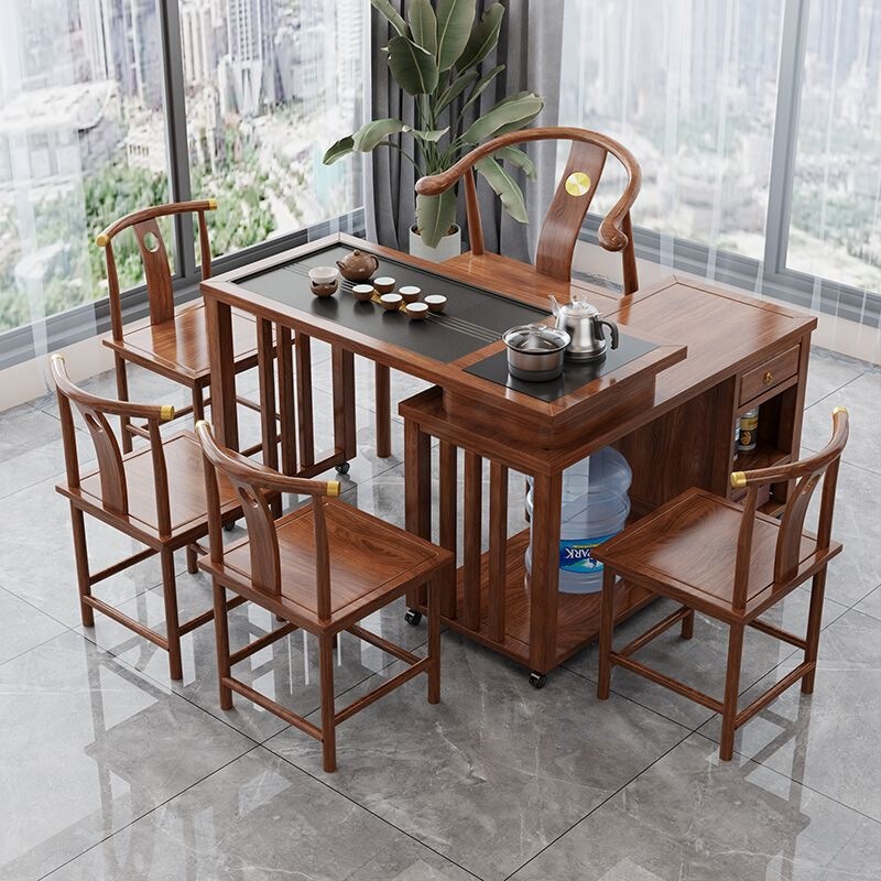 Solid wood rotating tea table for small balconies, movable table and chair set, rubberwood with stove, rosewood color, popular and stylish