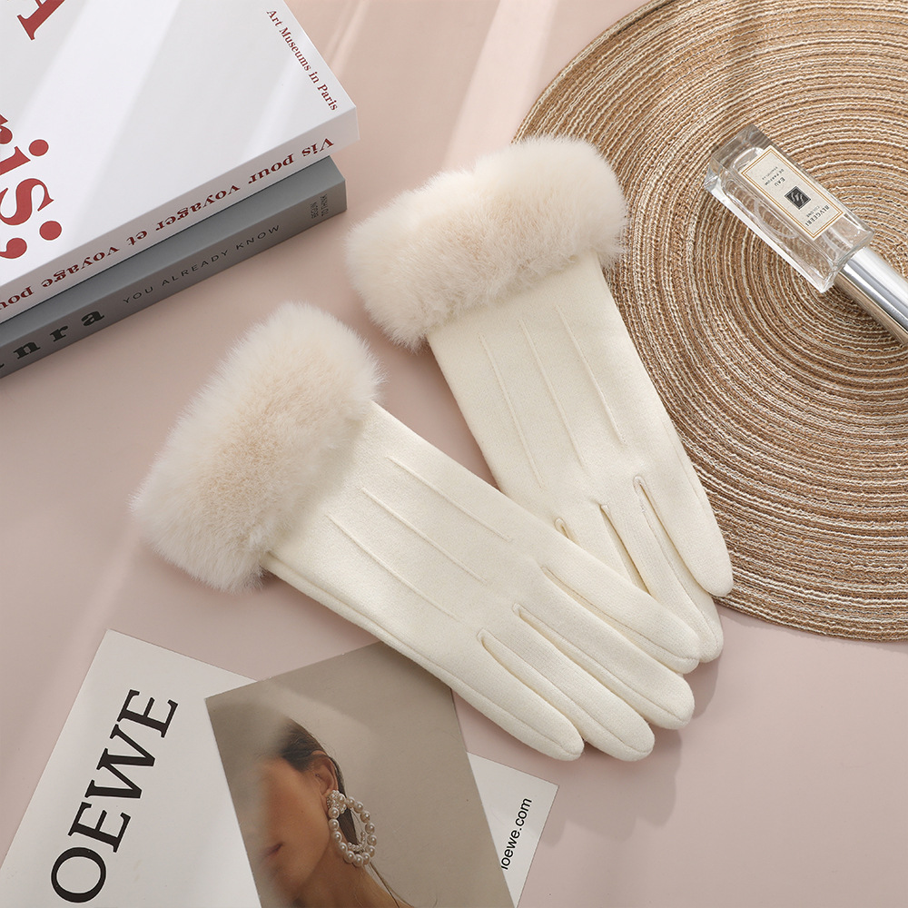 Agregar guantes de terciopelo para mujer, engrosamiento de otoño e invierno, conducción cálida, conducción fría, linda pantalla táctil, guantes cálidos de invierno de terciopelo de conejo