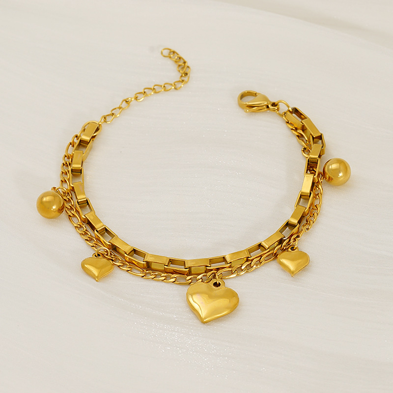 Estilo de moda europeo y americano amor doble pulsera de oro laminada de acero inoxidable chapado en oro doble pulsera no desvanecida joyas de mujer