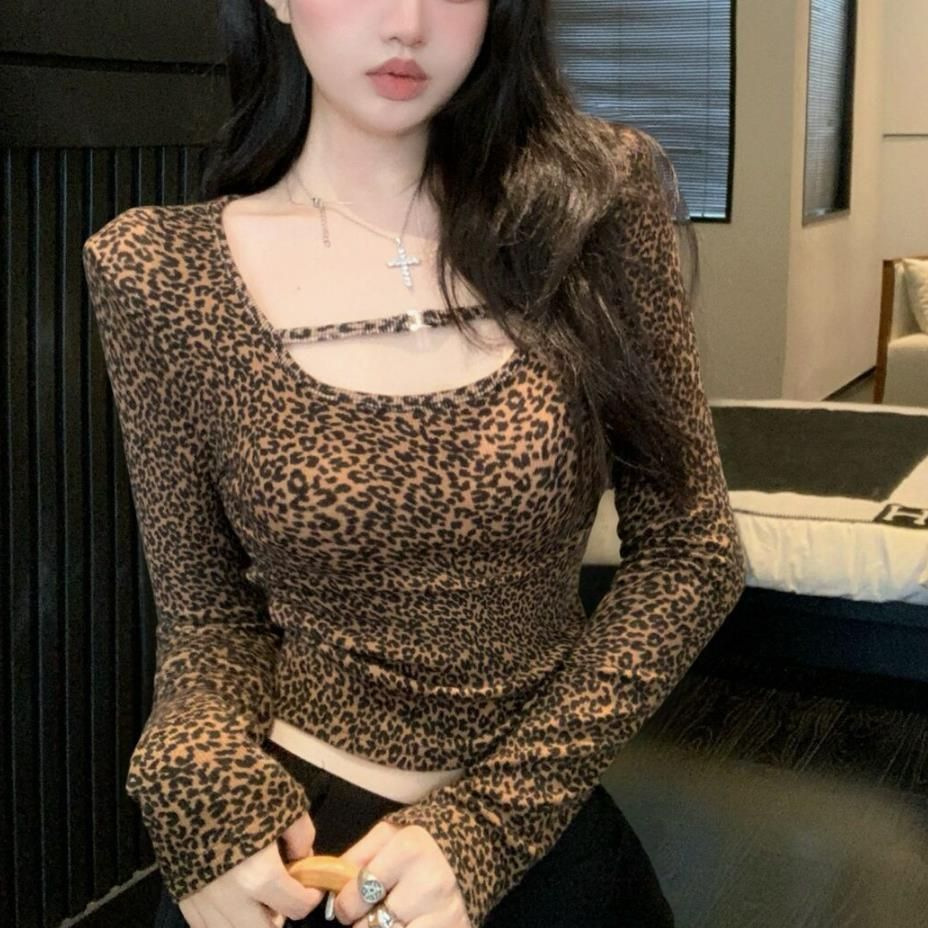 纯欲辣妹性感低胸上衣女秋冬豹纹德绒长袖t恤磨毛修身打底衫内搭