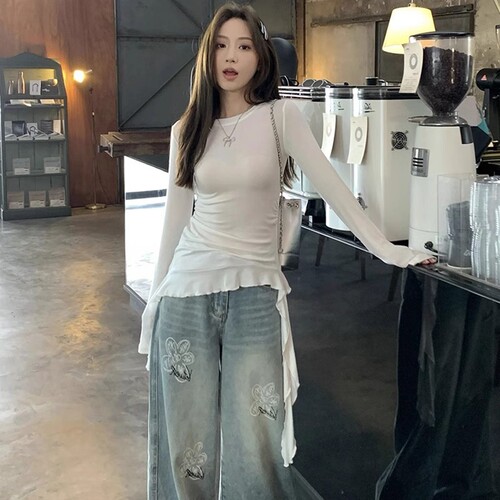 Korean-style pure desire irregular ruffled ribbon long-sleeved T-shirt women's summer design sweet spicy slim-fit blouse top