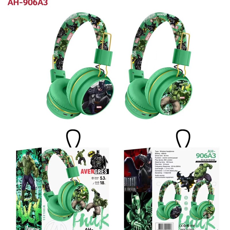 Cross-border children's creative headphones Hulk Bluetooth headset cartoon cute pattern headset AH-906A3 Cross-border children's creative headphones Hulk Bluetooth headset cartoon cute pattern headset AH-906A3