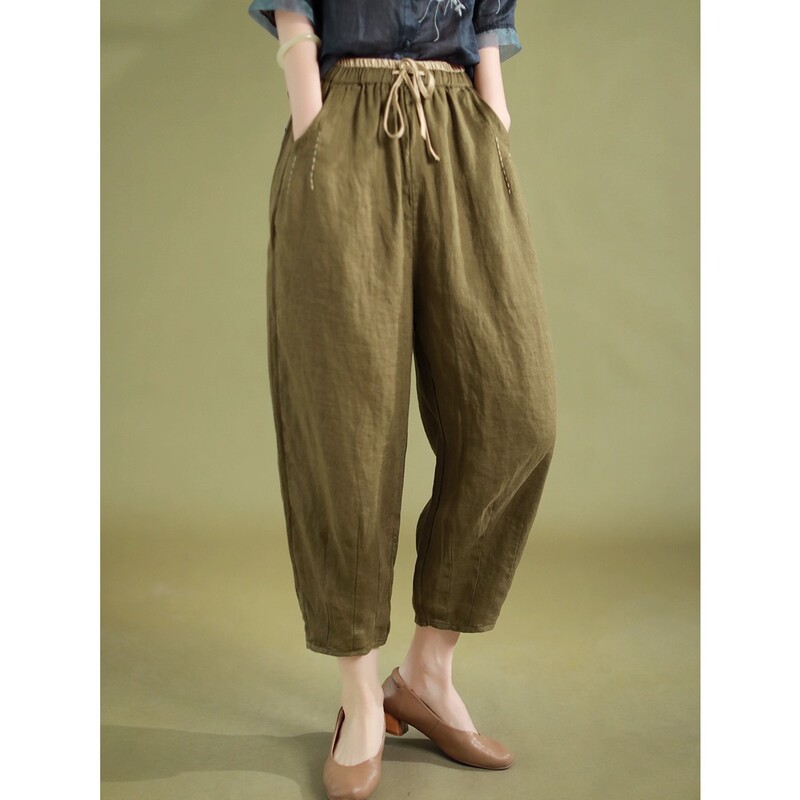 Ancient Clothing Summer Sand-Washed Linen Harem Pants Women's Elastic Waist Contrasting Color Lace-Up Three-Quarter Pants Carrot Pants