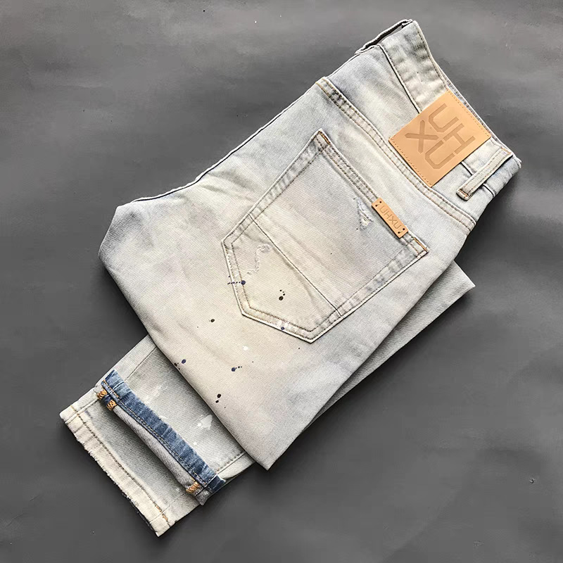 Jeans da uomo slim fit elasticizzati con design strappato e rattoppato - Pantaloni casual primaverili di tendenza per adolescenti_voghion.com