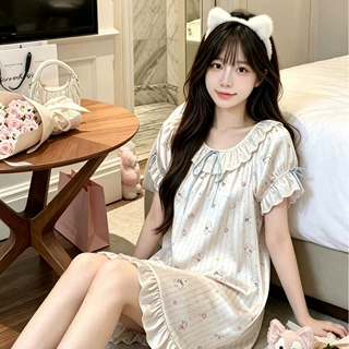 2026年小绵羊蕾丝宽松可爱少女白色冰丝睡裙带胸垫居家 不退不换