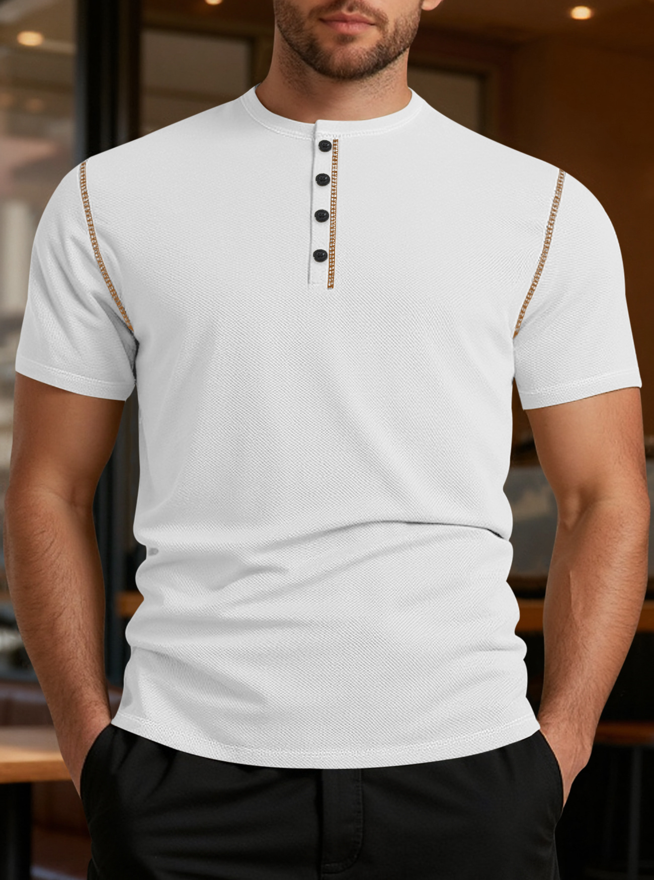Herr polo retro kortärmad med ananasmönster och färgblock_voghion.com