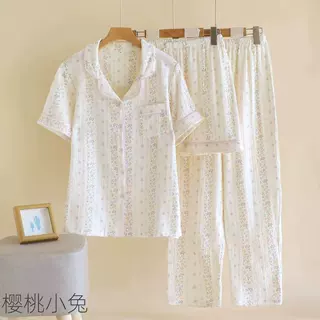 春夏新款纯棉双层纱布睡衣女短袖长裤套装小清新碎花家居服开衫薄