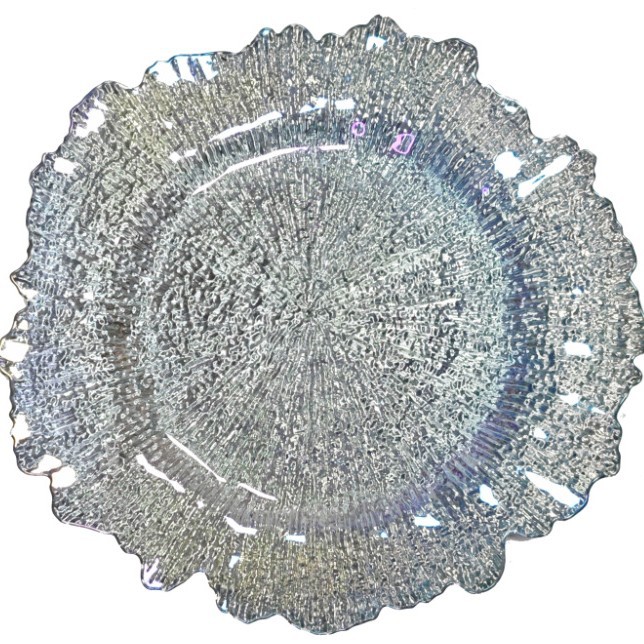 Nuevo diseño de decoración de mesa de boda plástico transparente cargador de borde irregular placa de melamina transparente redonda