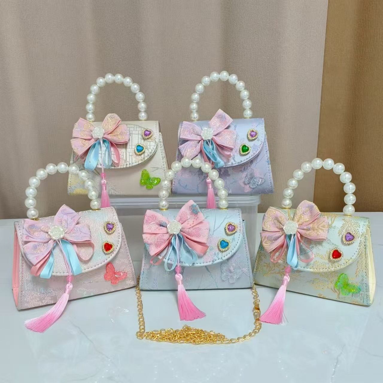 Bolsos infantiles de alto nivel, exquisitos antiguos, bolsos de cambio de niña, bolsos de mano de perlas de princesa, bolsos de almacenamiento